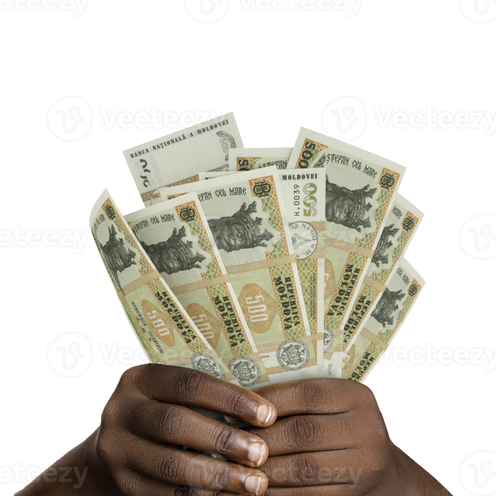 Black hands holding 3D rendered Moldovan leu notes. closeup of Hands holding Moldovan currency notes png
