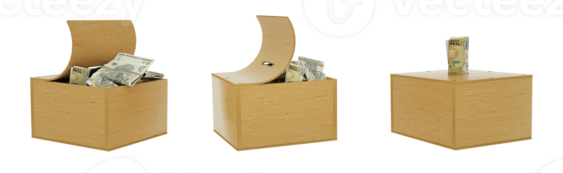 Moldovan leu notes inside an open wooden savings box. set of savings concept. Generic Piggy Bank, Penny Bank, Money Box. 3d rendering png