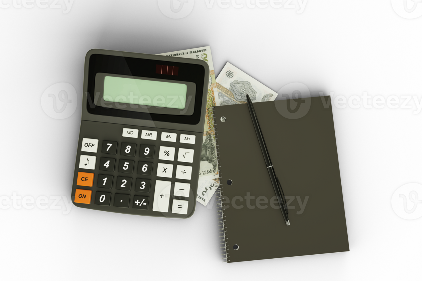 3D rendering of an isolated composition of Moldovan leu notes, a calculator, a note book and a pen png