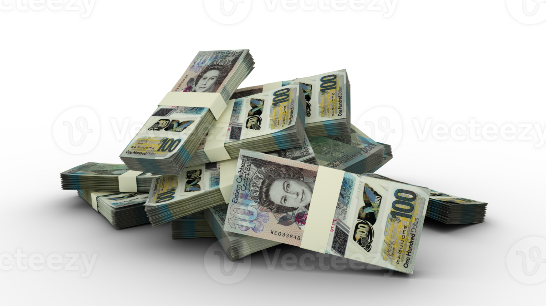 3D rendering of Stacks of Eastern Caribbean Dollar notes png