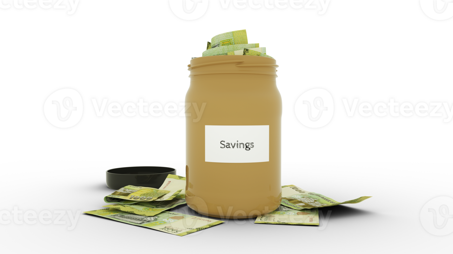 3D rendering of Yemeni Rial notes in savings container. container filled to the top with Yemeni currency notes png