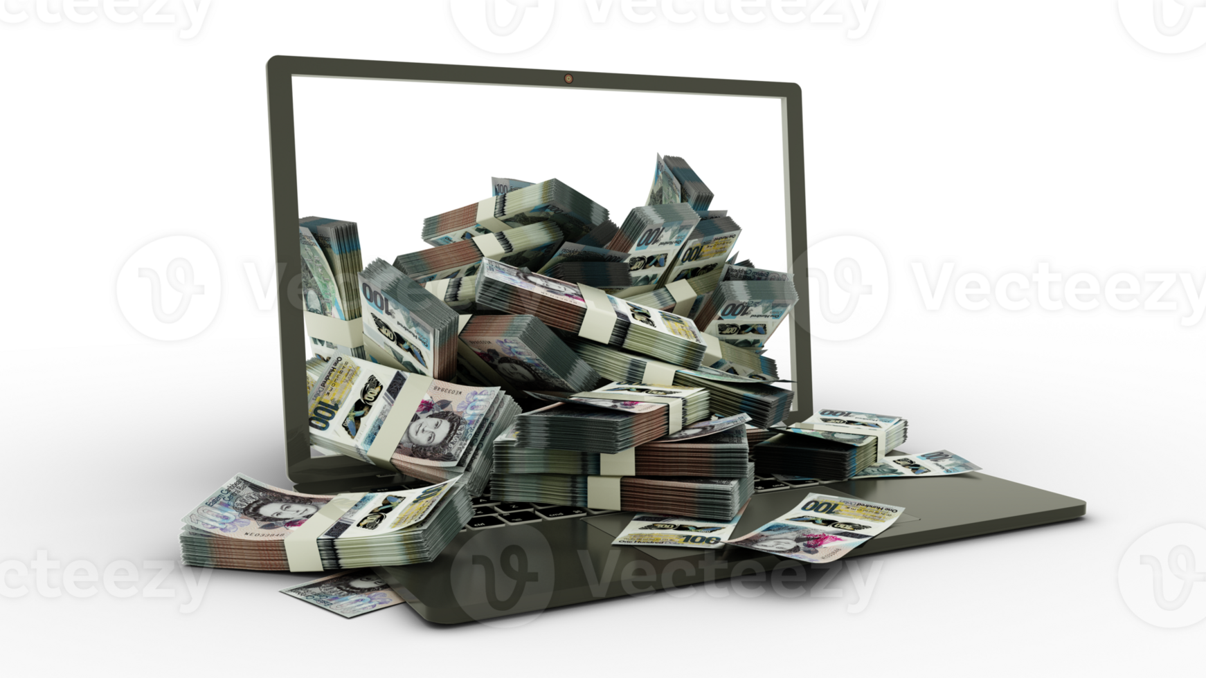 3D rendering of Eastern Caribbean dollar notes coming out of a Laptop monitor isolated on transparent background. stacks of dollar notes inside a laptop. money from computer, money from laptop png