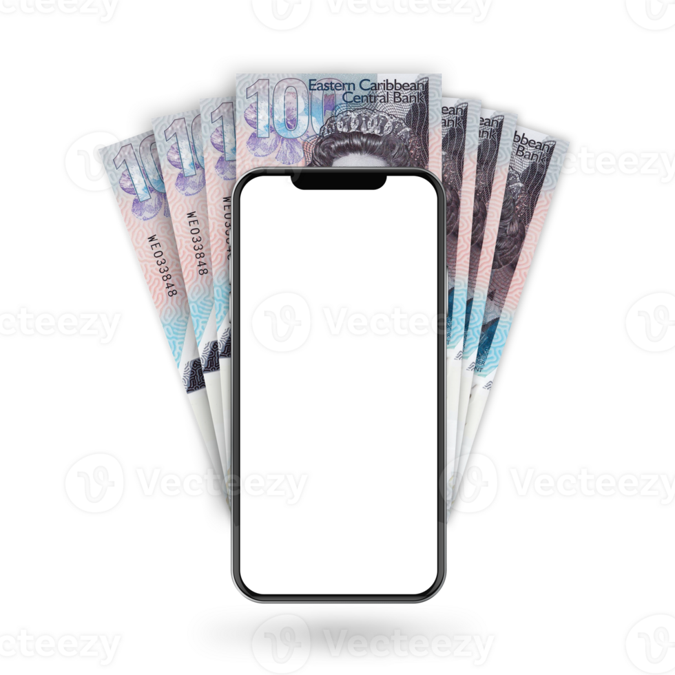 3d Illustration of Eastern Caribbean Dollar notes behind mobile phone png