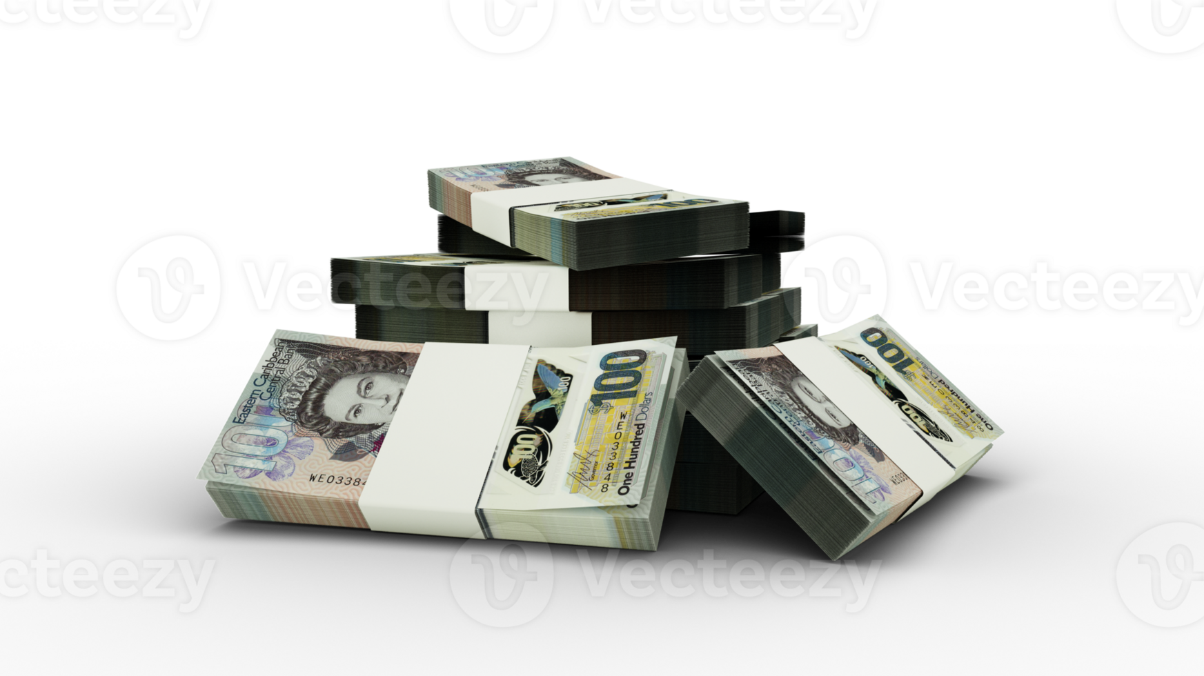 3d renderen van stack van oostelijk caraïben notities. bundels van oostelijk caraïben valuta aantekeningen geïsoleerd Aan transparant achtergrond png