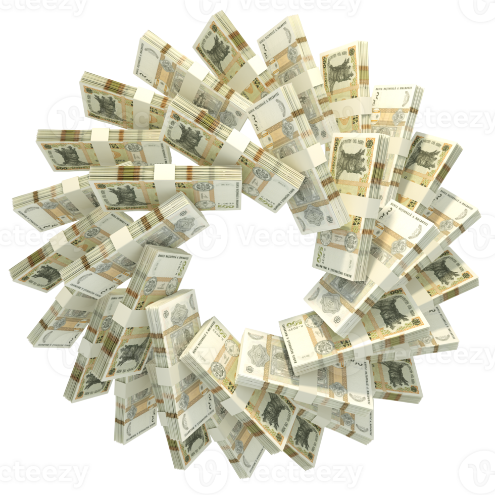 3d rendering of stacks of Moldovan leu arranged in a circular pattern. png