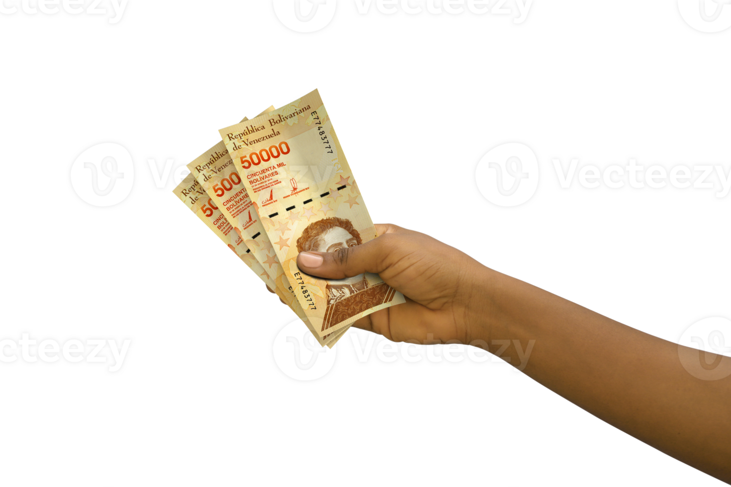 Fair hand holding 3D rendered Venezuelan bolivar notes isolated on transparent background png