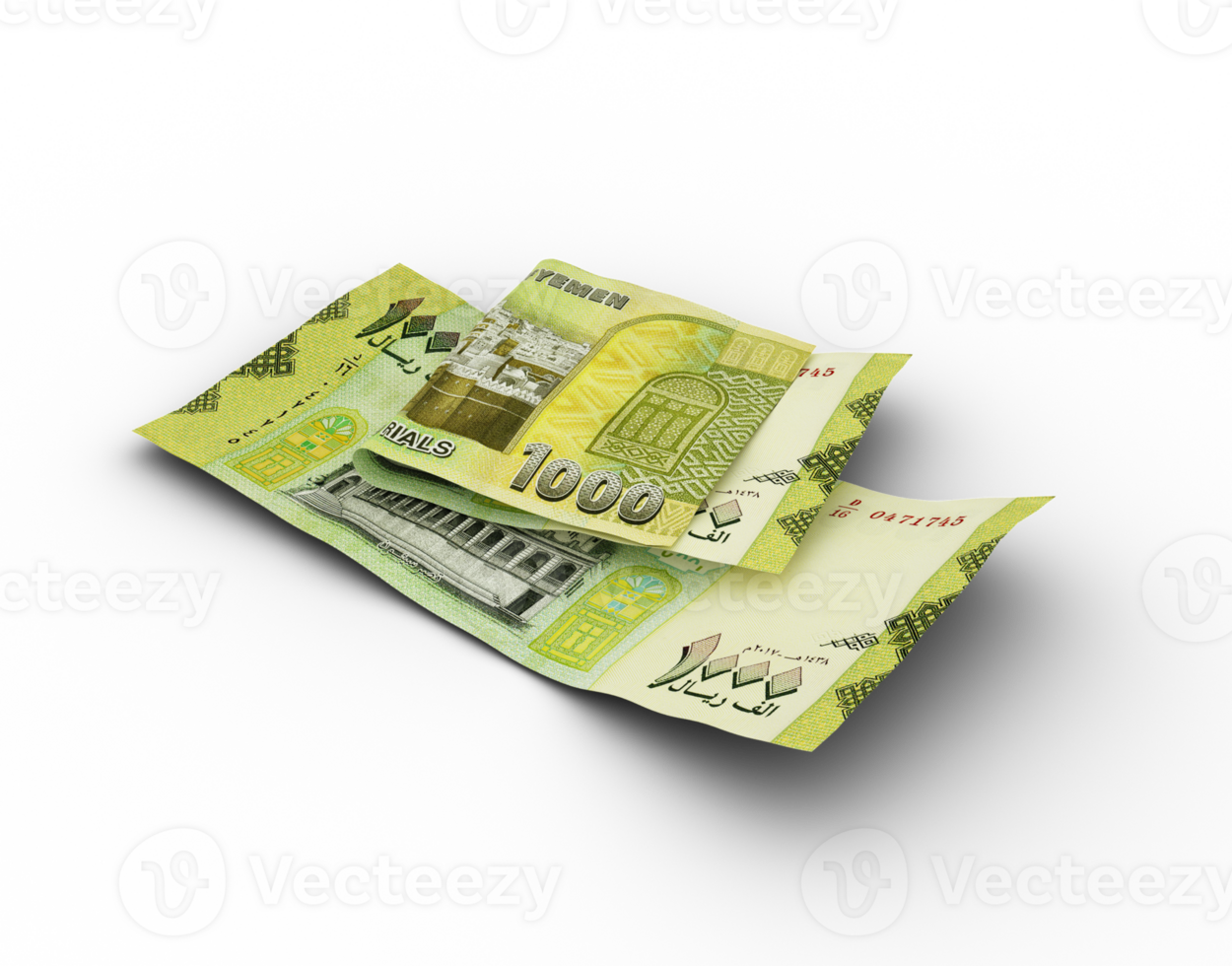 3D rendering of Double 50 Yemeni Rial notes with shadows png