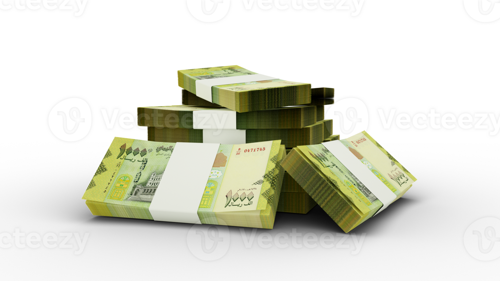 3d rendering of Stack of Yemeni rial notes. bundles of Yemeni currency notes isolated on transparent background png