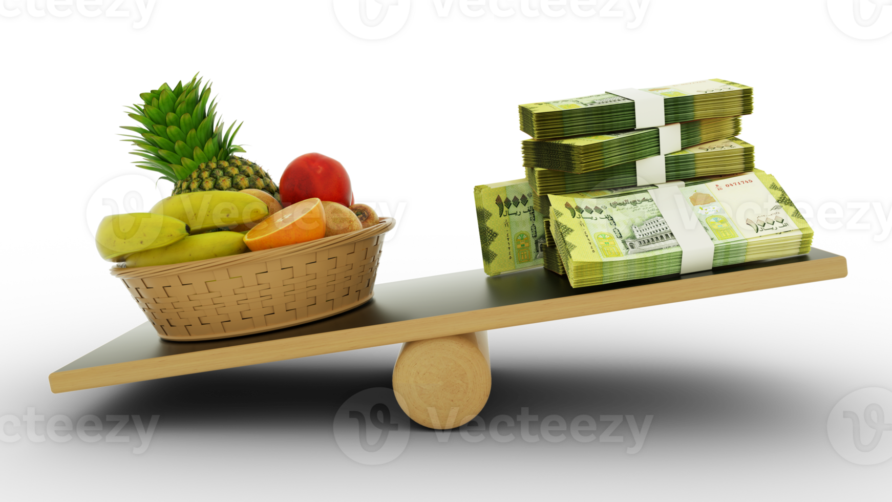 Inflation in Yemen, Weighing Yemeni currency against foodstuffs, high cost of living, 3d rendering png
