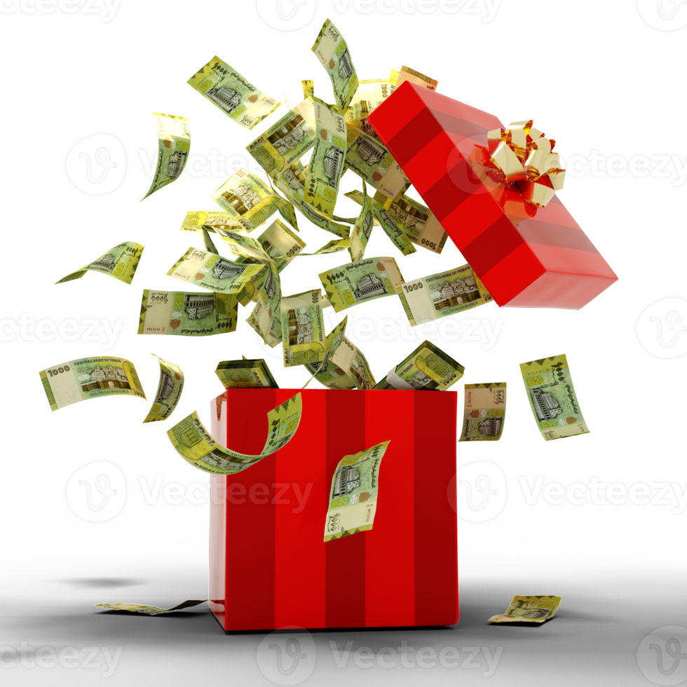3D rendering of A lot of Yemeni rial notes coming out of an opened red gift box. Money flying out of box png