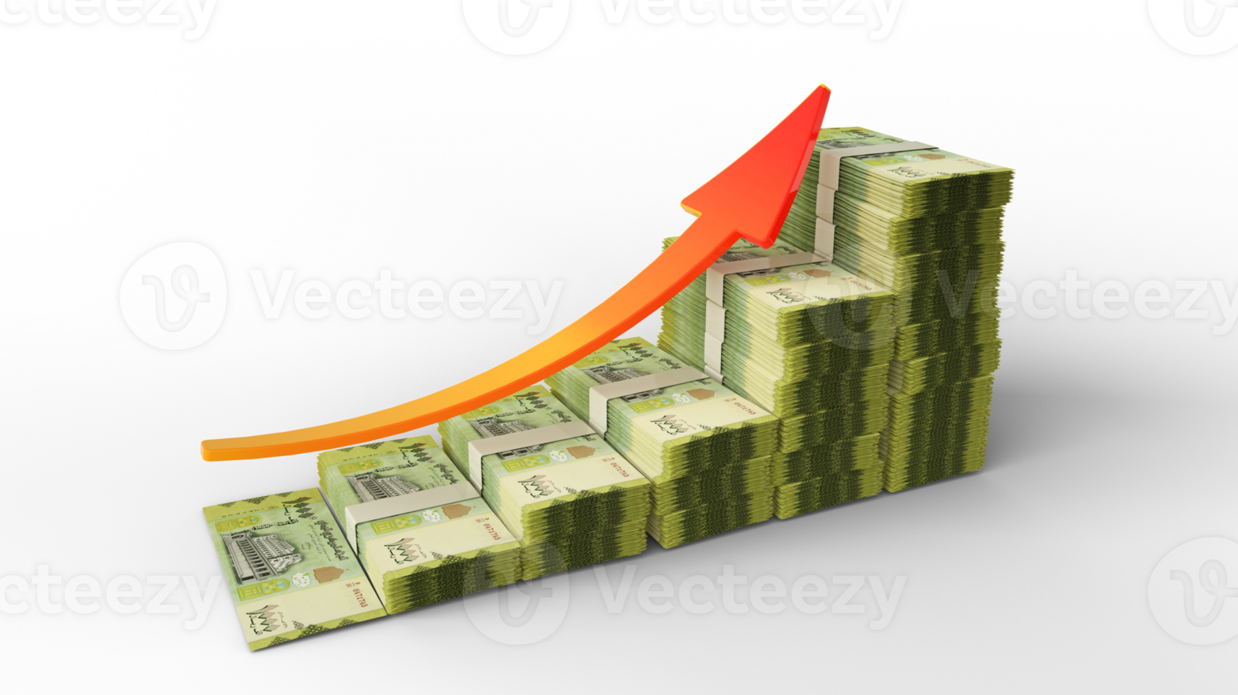 Financial growth sign made of stacks of Yemeni Rial notes. 3D Rendering of Yemeni money arranged in the form of a bar graph isolated on transparent background png