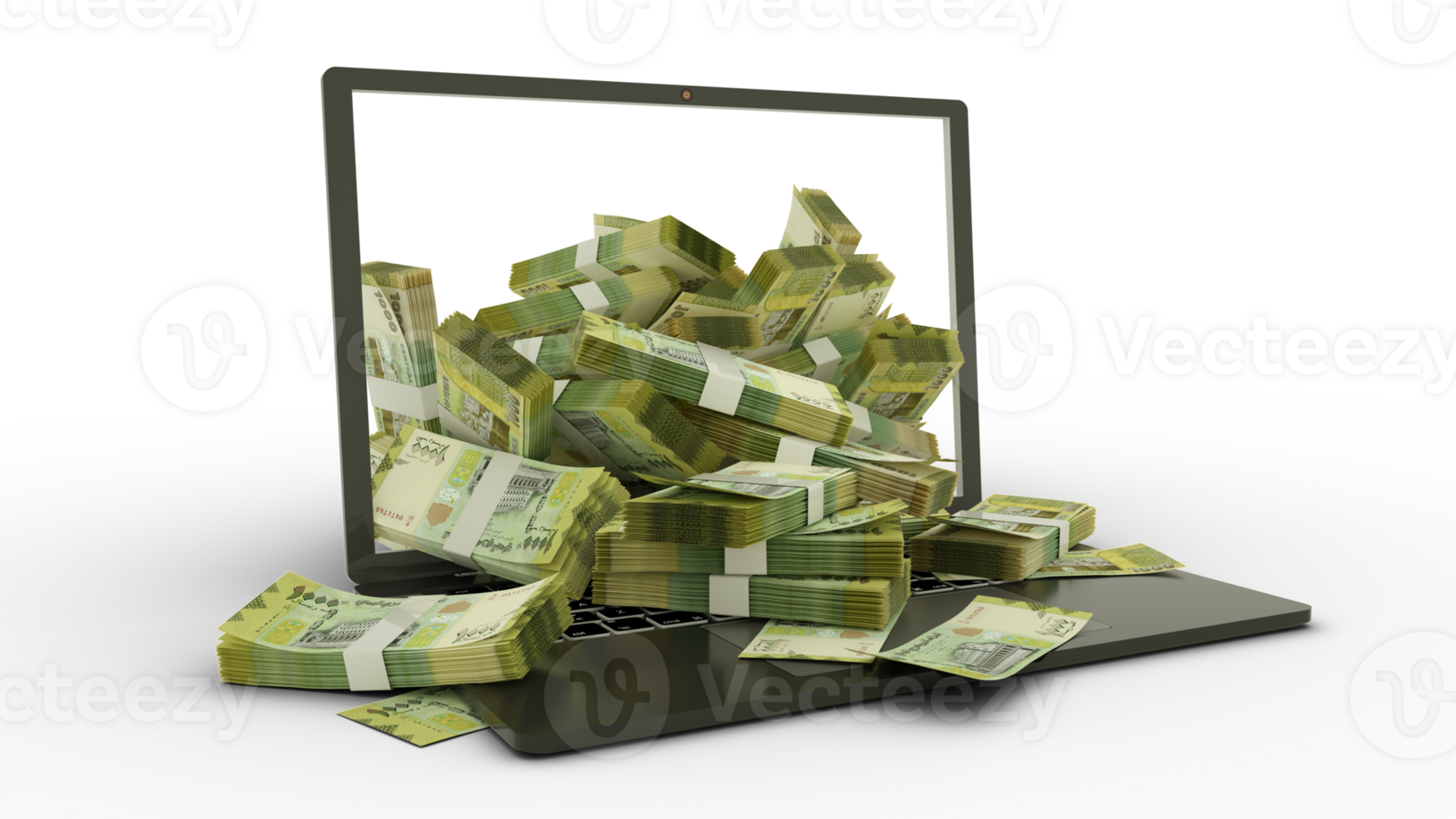 3D rendering of Yemeni Rial notes coming out of a Laptop monitor isolated on transparent background. stacks of Rial notes inside a laptop. money from computer, money from laptop png
