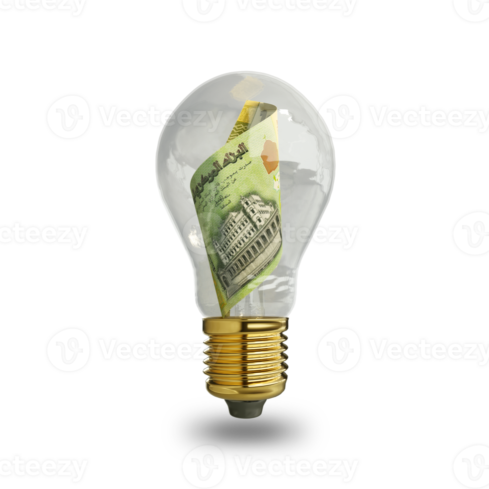 3d rendering of new Yemeni Rial note inside transparent light bulb isolated on transparent background, creative thinking. Making money by solving problem. idea concept png