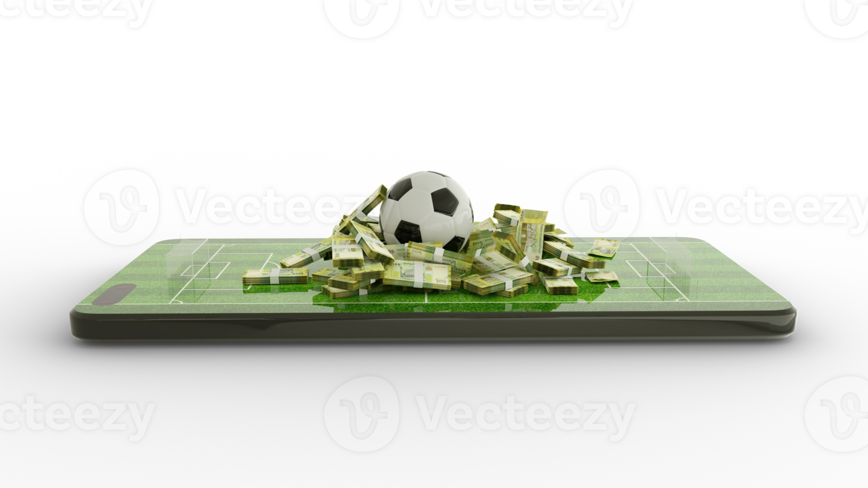 3d rendering of Mobile phone Soccer betting. Football and Yemeni Rial notes on phone screen. Soccer field on smartphone screen isolated on transparent background. bet and win concept png