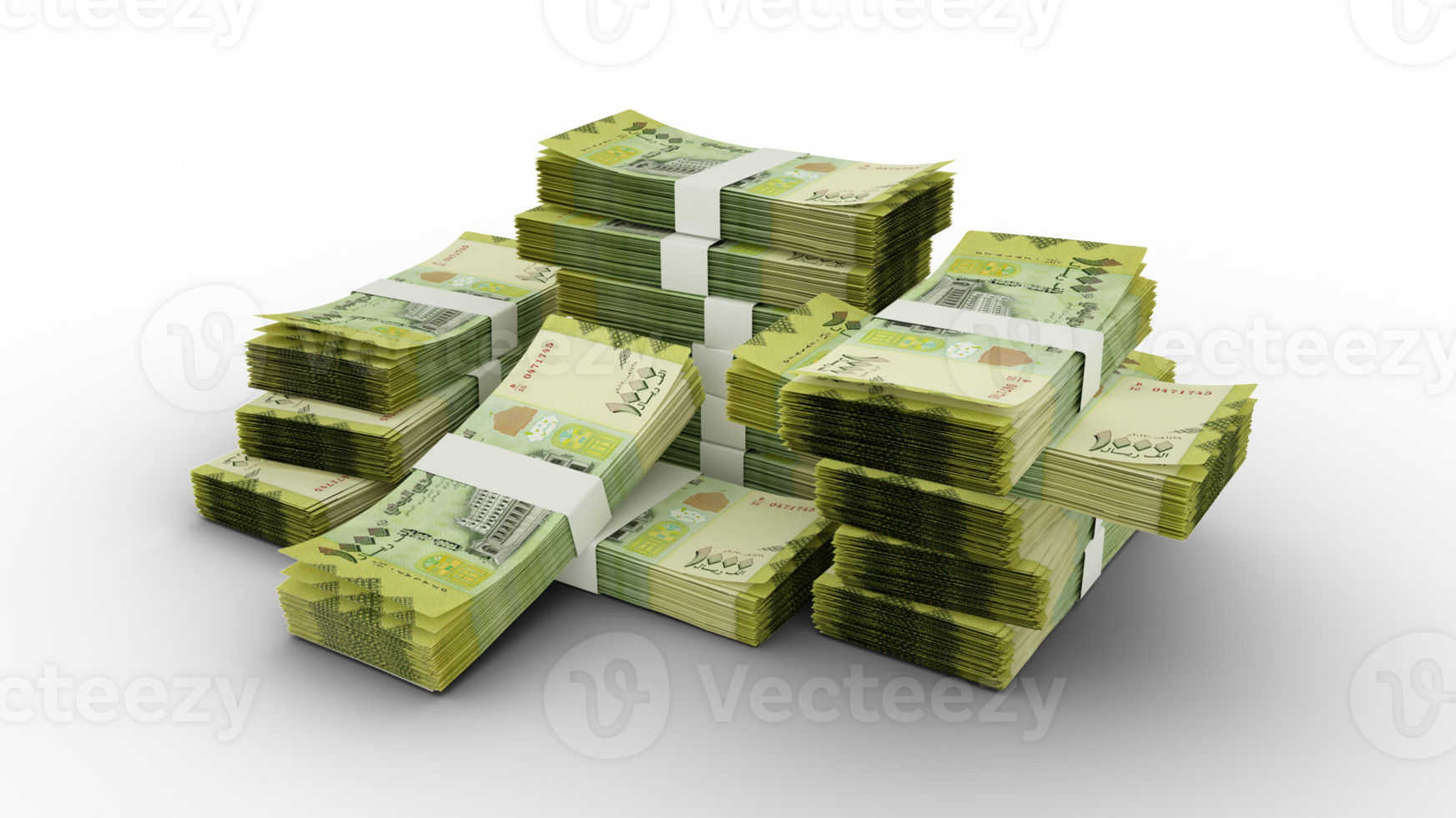 Stack of Yemeni rial notes. 3D rendering of bundles of banknotes png