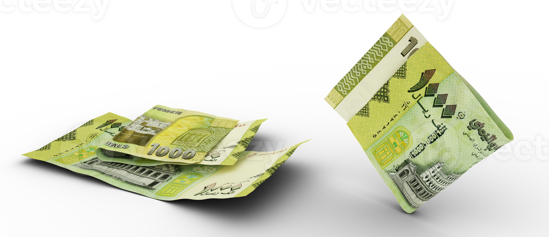 Set of Yemeni Rial note isolated on transparent background. 3d rendering png