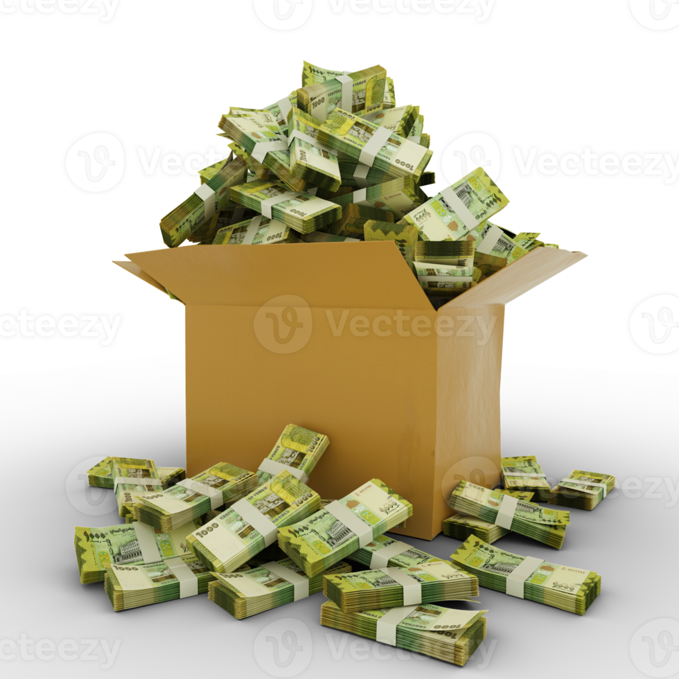 3d rendering of cardboard box full of Yemeni Rial notes isolated on a transparent background png