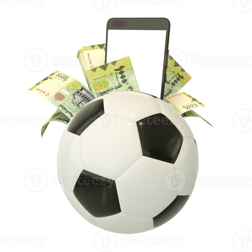 3d rendering of Yemeni Rial notes and phone behind soccer ball. Sports betting, soccer betting concept isolated on transparent background. mockup png