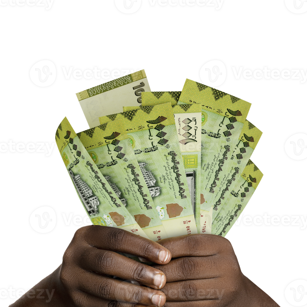 Black hands holding 3D rendered 50 yemeni rial notes. closeup of Hands holding yemeni currency notes png