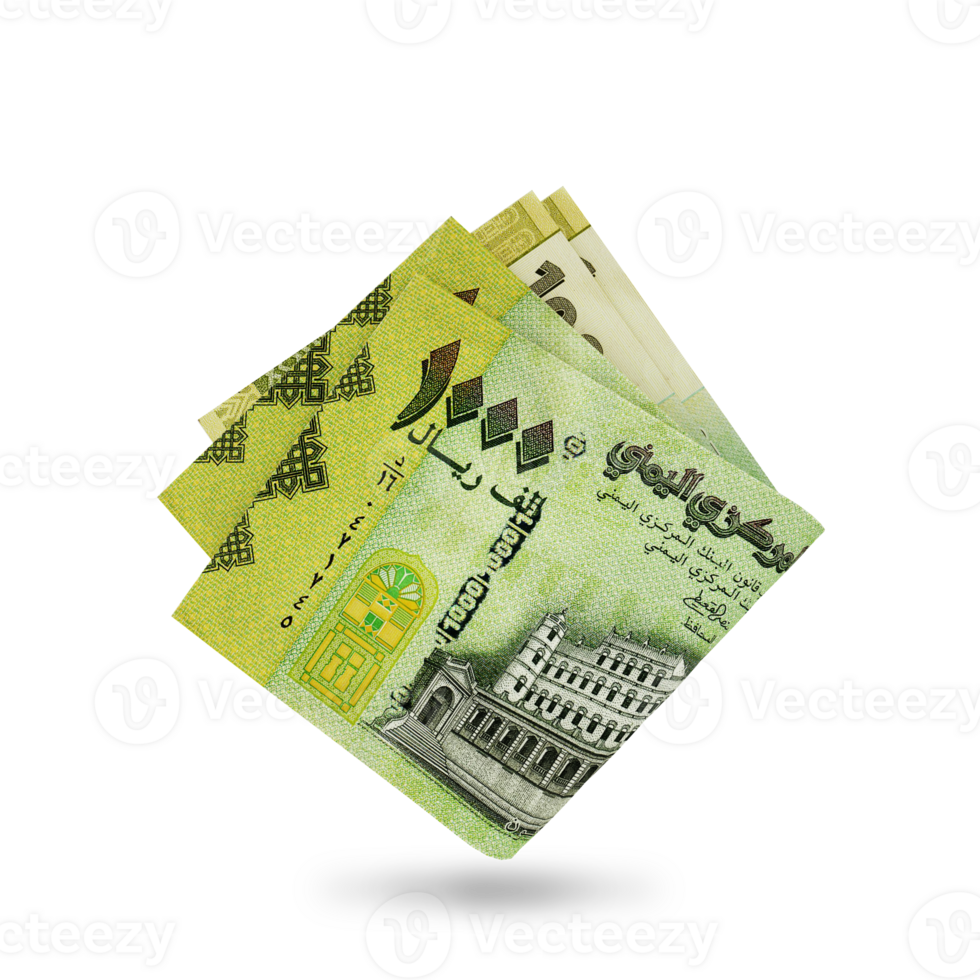 3d rendering of Folded Yemeni rial notes isolated on transparent background. png