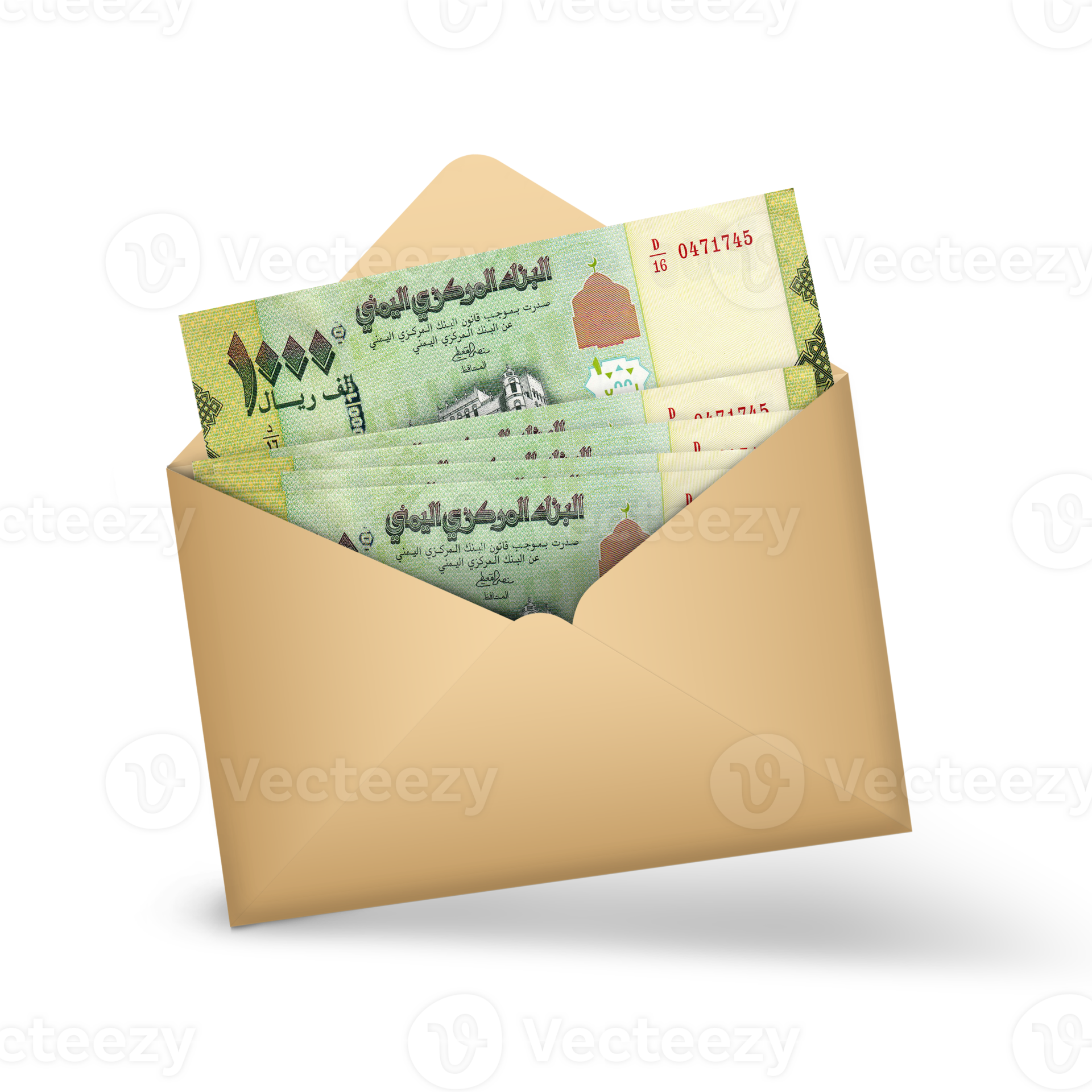 Yemeni Rial notes inside an open brown envelope. 3D illustration of