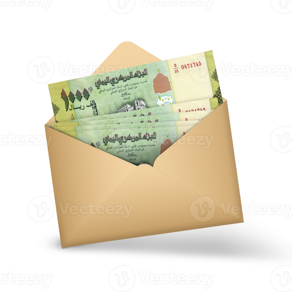 Yemeni Rial notes inside an open brown envelope. 3D illustration of money in an open envelope png