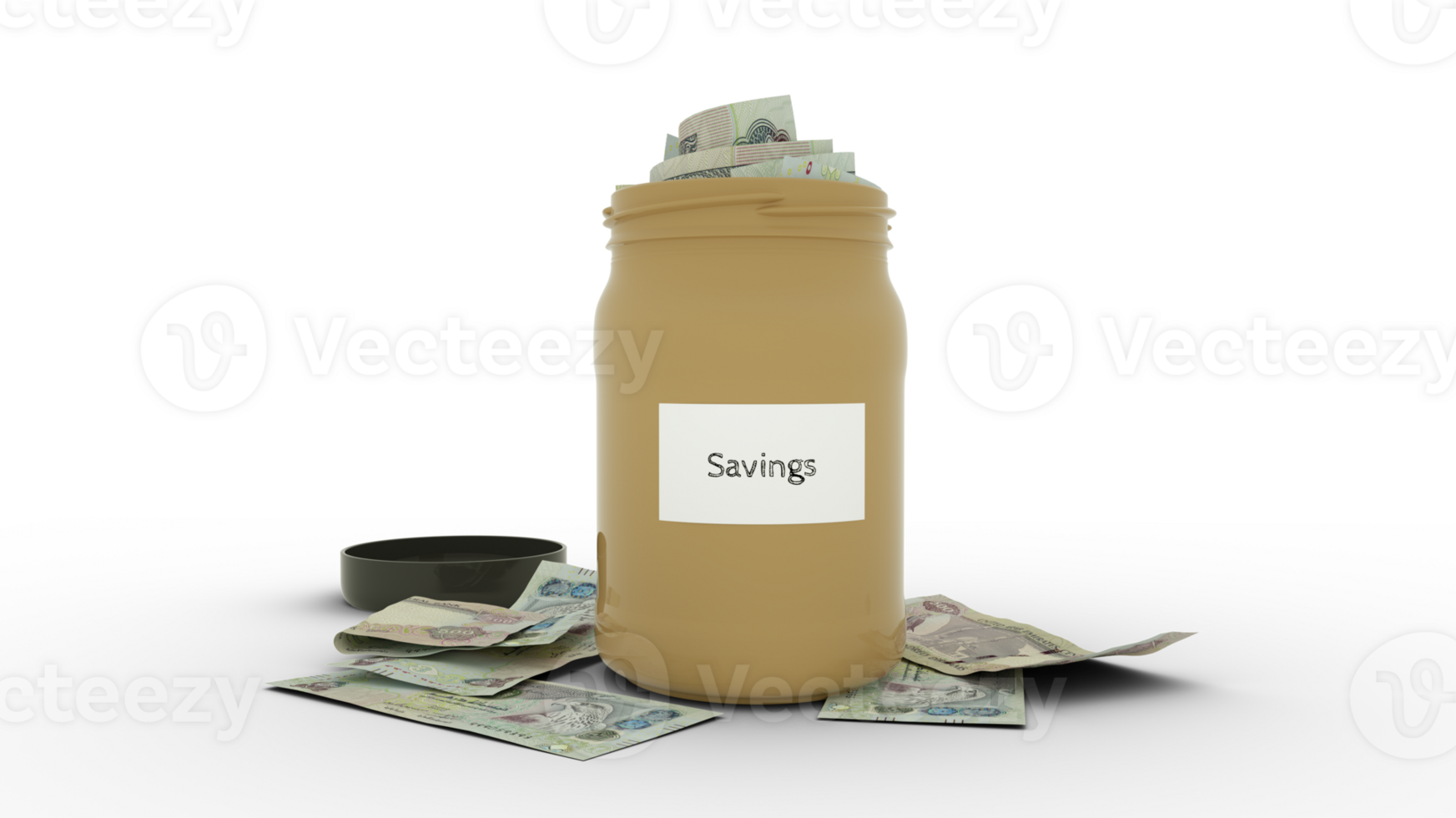 3D rendering of United Arab Emirates Dirham notes in savings container. container filled to the top with United Arab Emirates  currency notes png