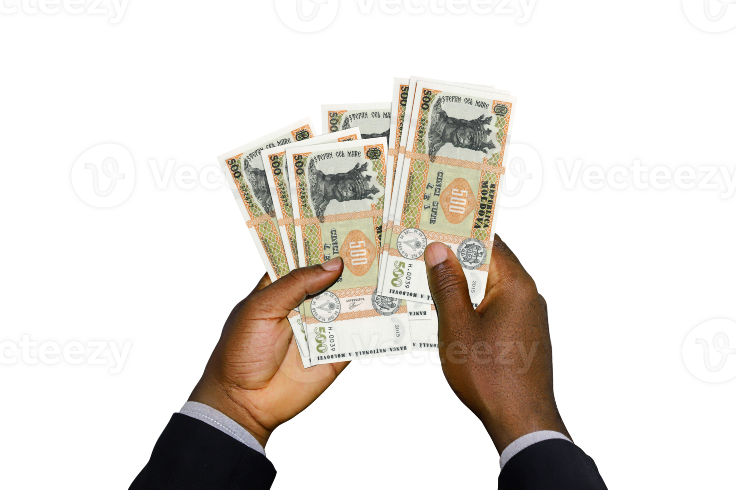 Black Hands in suit holding 3D rendered Moldovan leu notes png