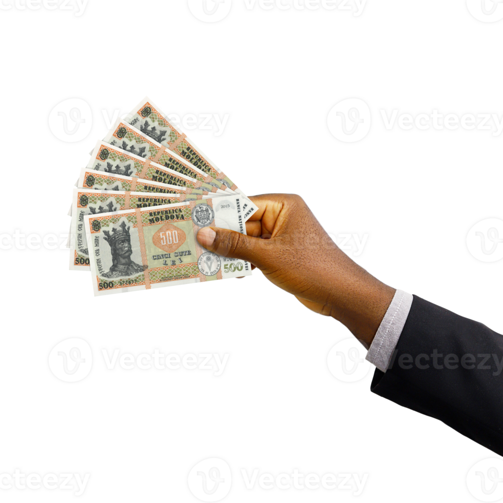 Black hand with suit holding 3D rendered Moldovan leu notes isolated on transparent background png