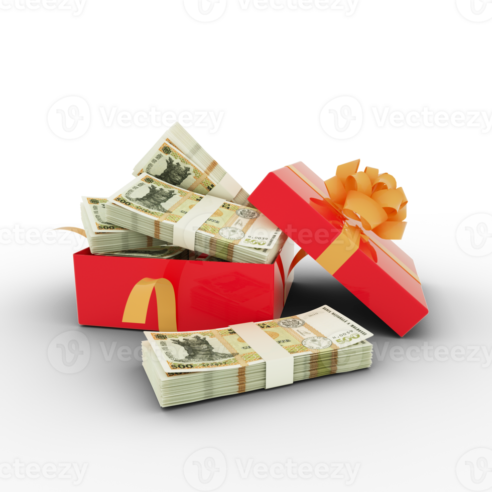 Stack of Moldovan leu notes inside an open red gift box. Bundles of Moldovan leu inside a gift box. 3d rendering of money inside box isolated on transparent background png