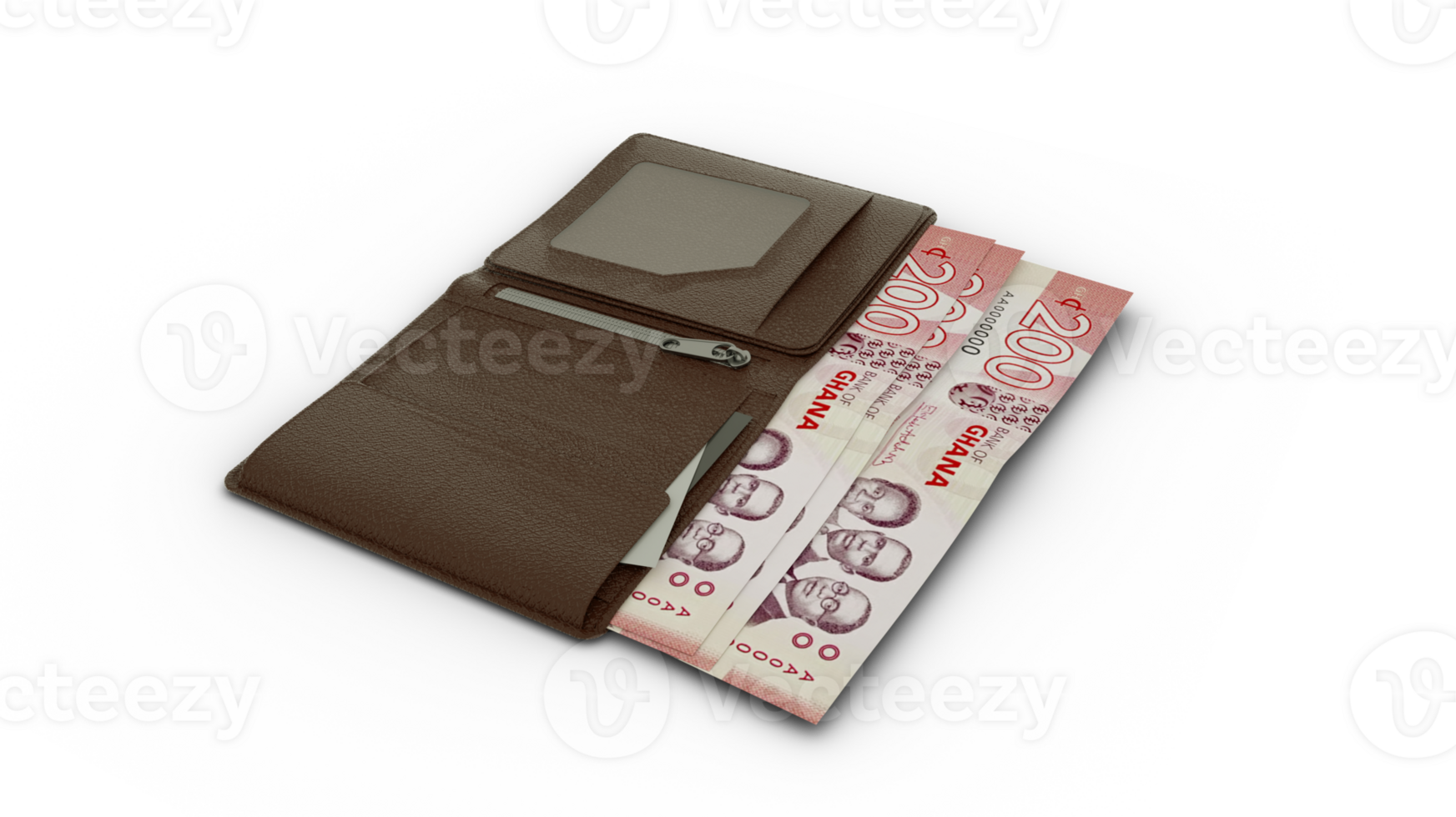 3D rendering of Ghanaian cedi notes in wallet png