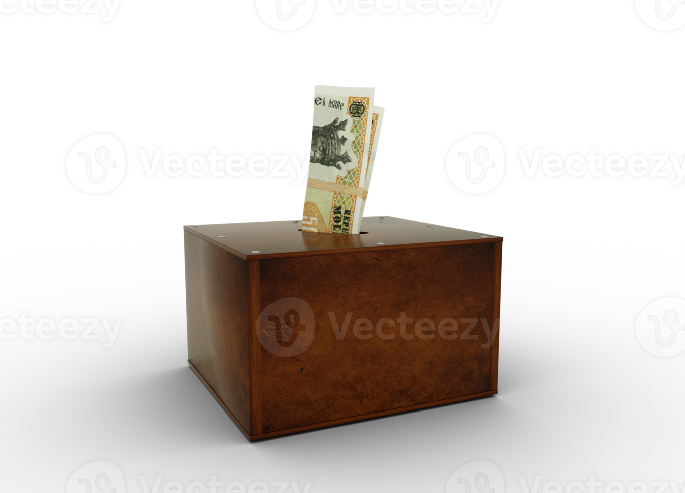 Moldovan leu notes inside wooden savings box. Generic savings Bank, Penny Bank, Money Box. 3d rendering png