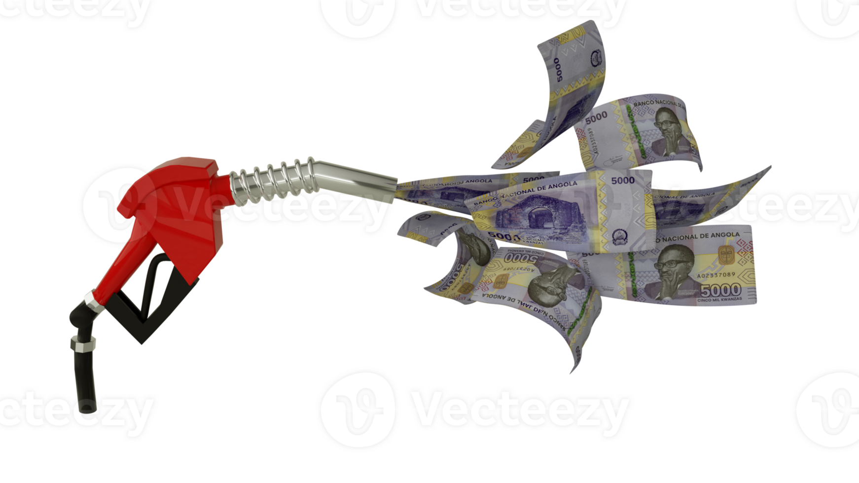 3d representación de angoleño kwanza notas viniendo fuera desde combustible bomba. rojo combustible boquilla con dinar volador alrededor png