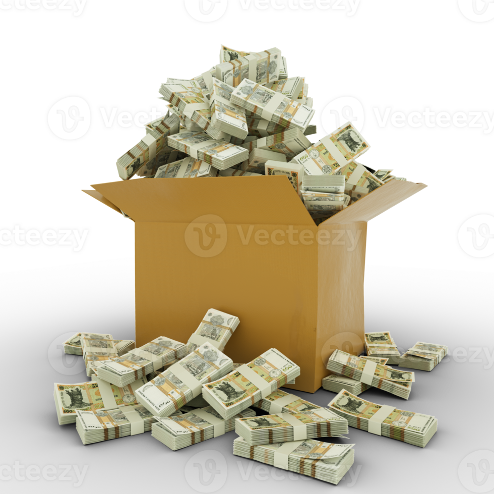 3d rendering of cardboard box full of Moldovan leu notes isolated on a transparent background png