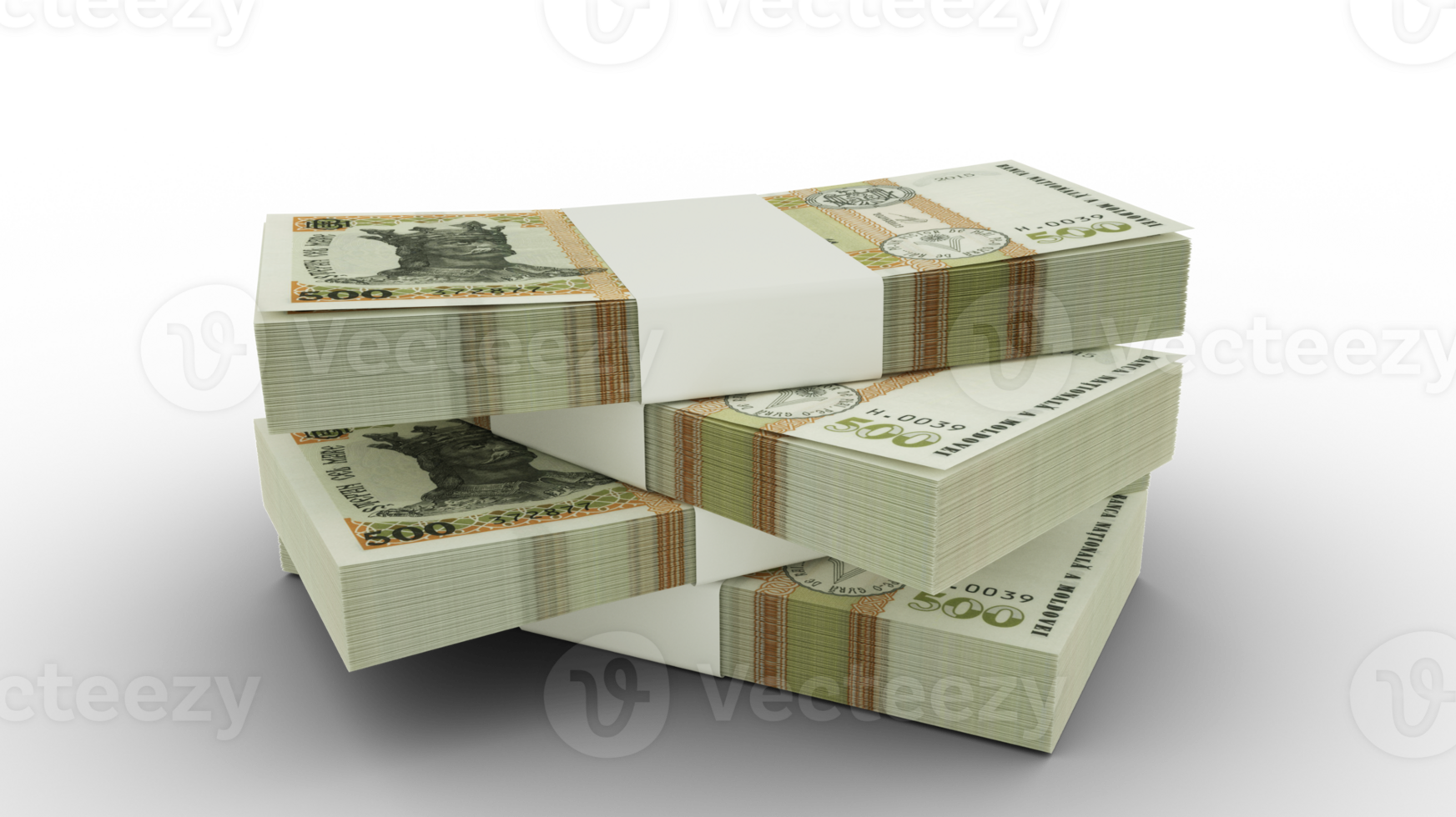 3d rendering of Stack of Moldovan leu notes. Few bundles of Moldovan currency isolated on transparent background png
