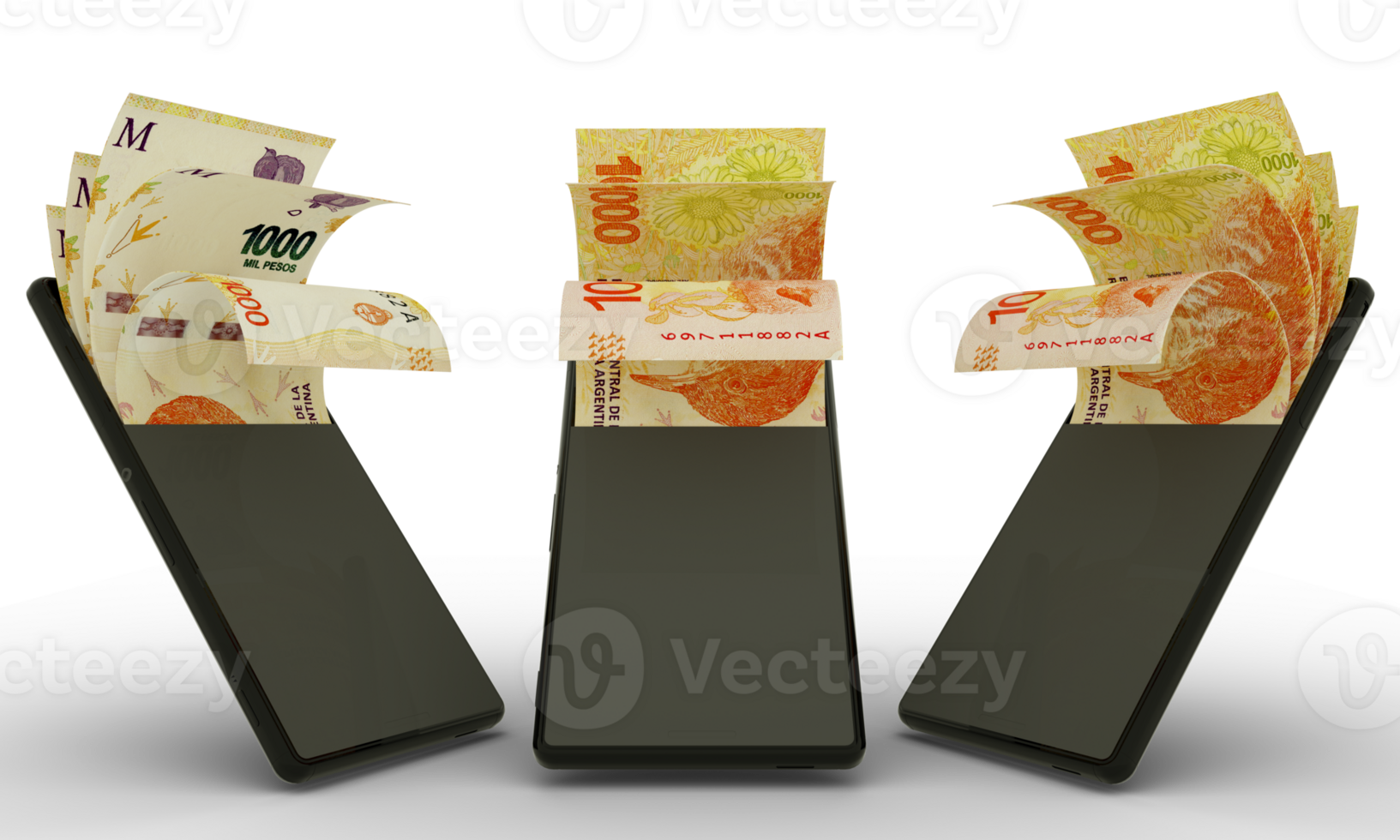 Argentine peso notes inside a mobile phone. money coming out of mobile phone. 3d rendering of set of mobile money transaction concept. money from Phone png