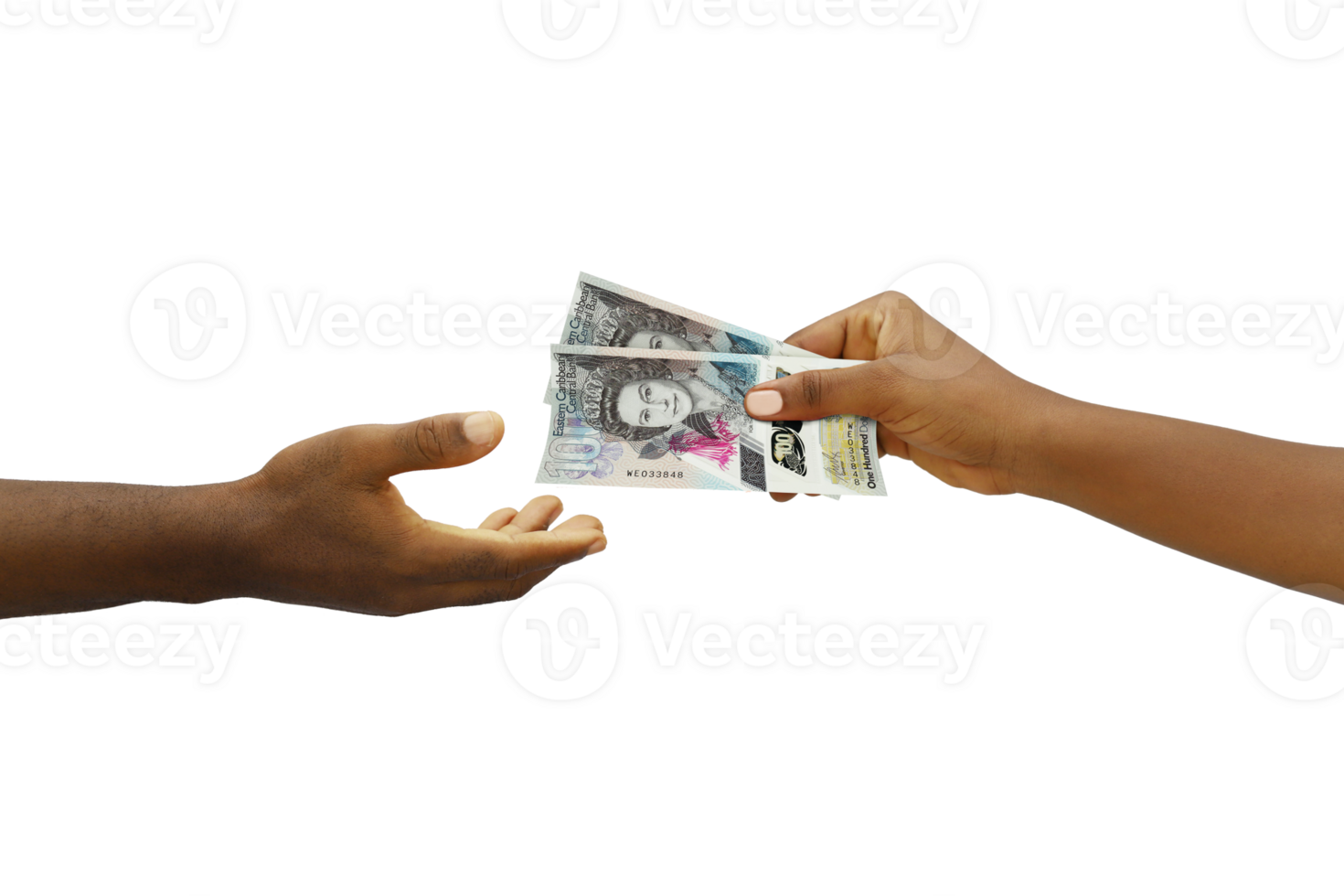 Hand giving 3D rendered  Eastern Caribbean Dollar notes to another hand. Hand receiving money png