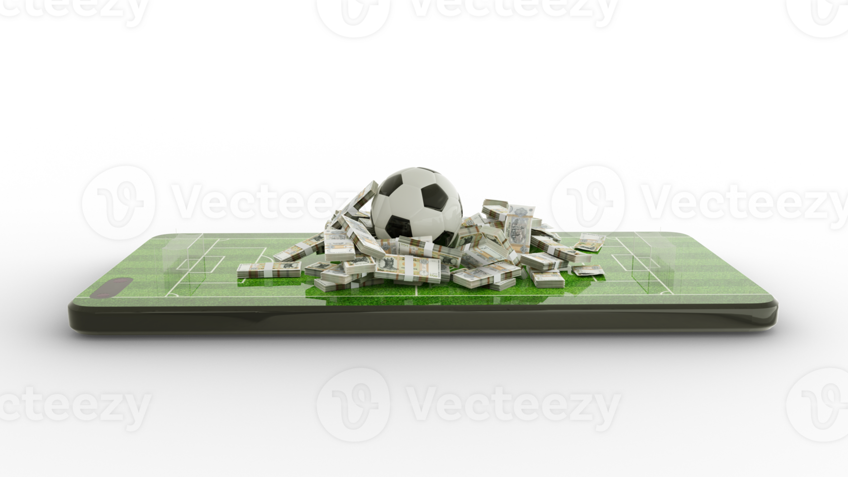 3d rendering of Mobile phone Soccer betting. Football and Moldovan leu notes on phone screen. Soccer field on smartphone screen isolated on  transparent background. bet and win concept png