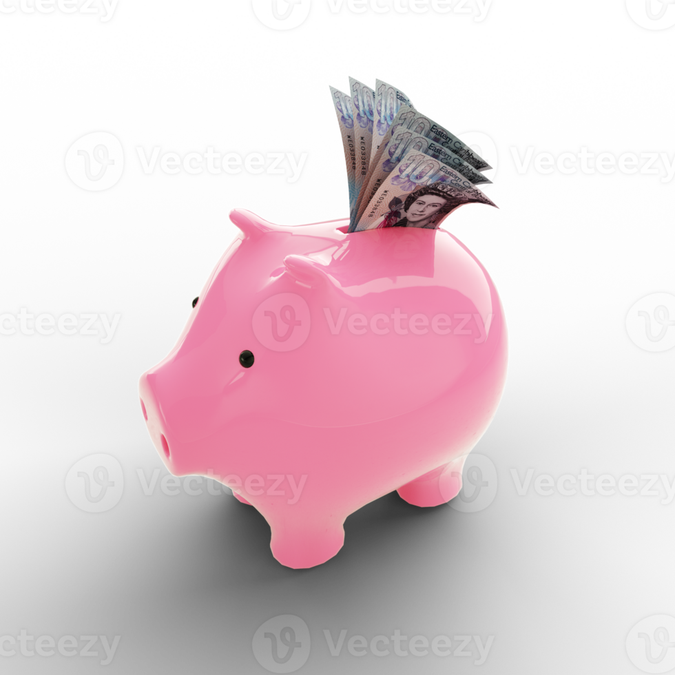 Eastern Caribbean Dollar notes inside pink Piggy Bank, money in piggy bank, savings concept, 3d rendering png