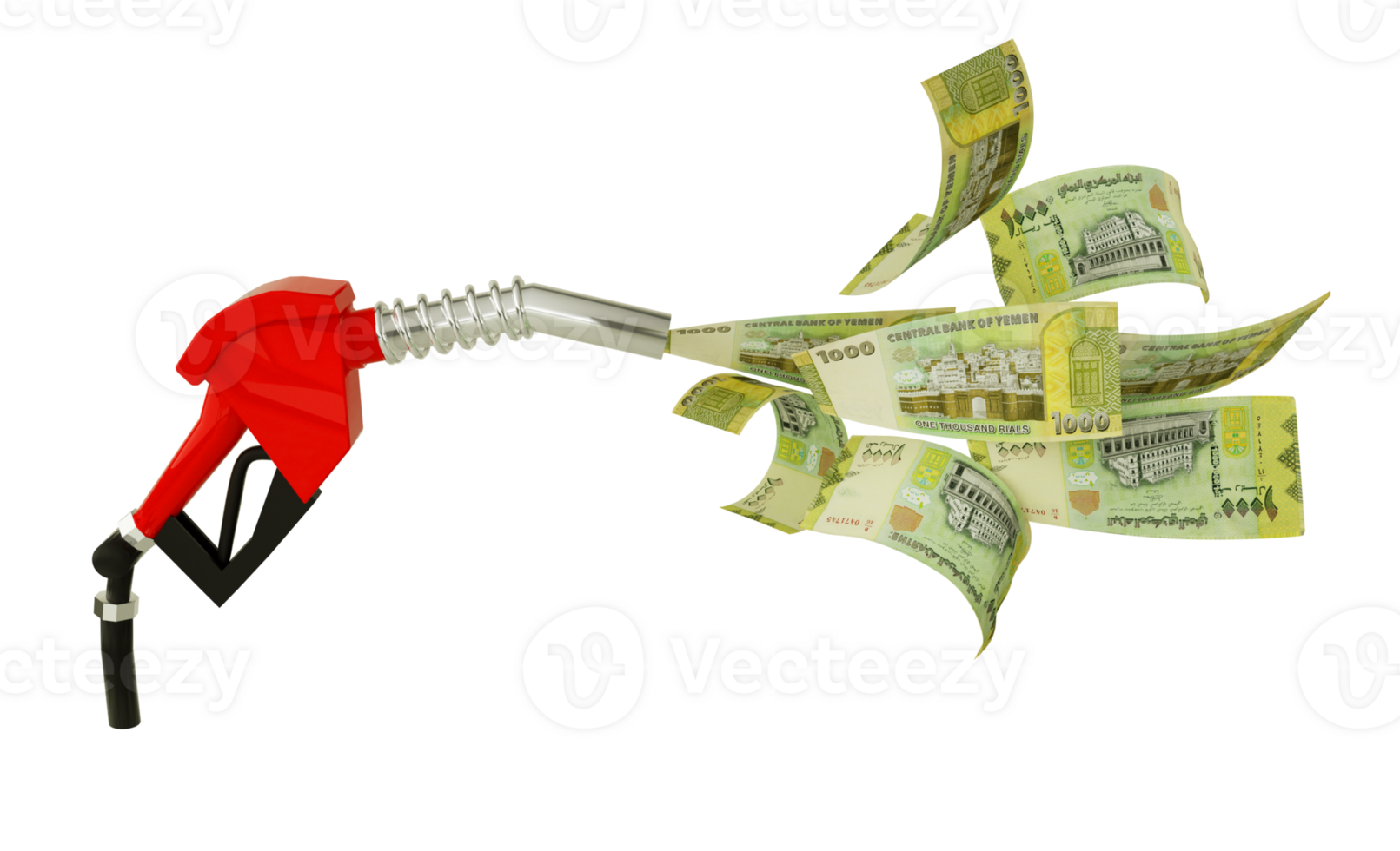3d rendering of Yemeni Rial notes coming out from fuel pump. red fuel nozzle with Rial flying around png