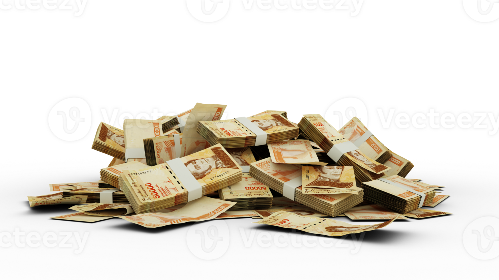 3D Stack of 50 Venezuelan Bolivar notes isolated on transparent background png