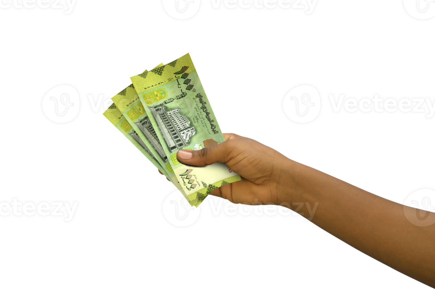 Fair hand holding 3D rendered Yemeni rial notes isolated on transparent background png