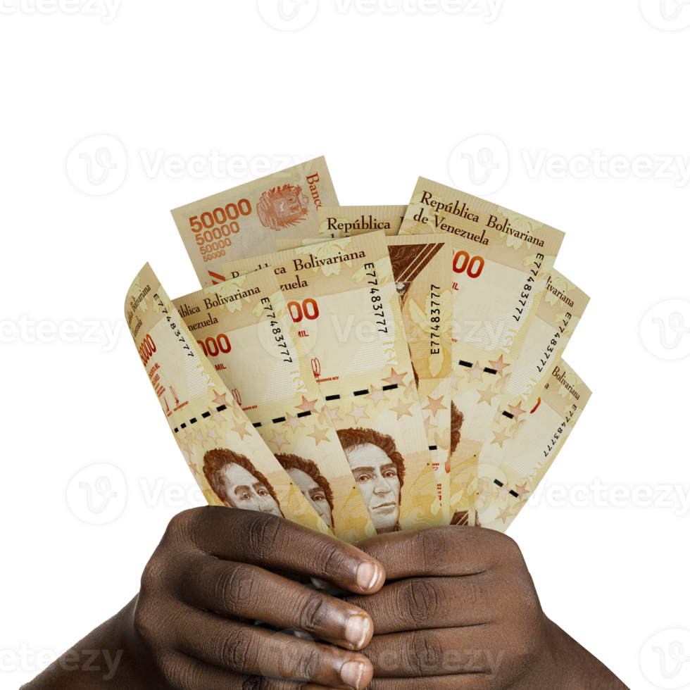 Black hands holding 3D rendered  Venezuelan Bolivar notes. closeup of Hands holding Venezuelan currency notes png