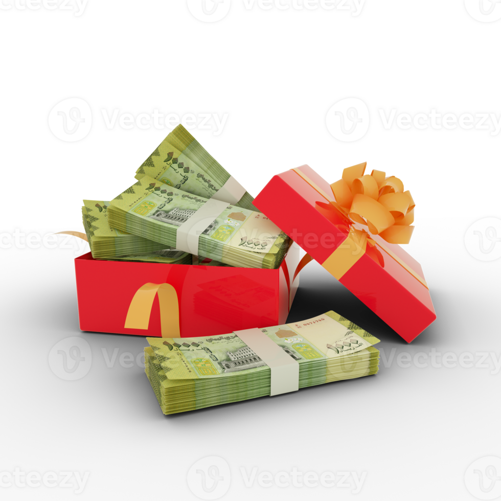 Stack of Yemeni Rial notes inside an open red gift box. Bundles of Yemeni Rial inside a gift box. 3d rendering of money inside box isolated on transparent background png