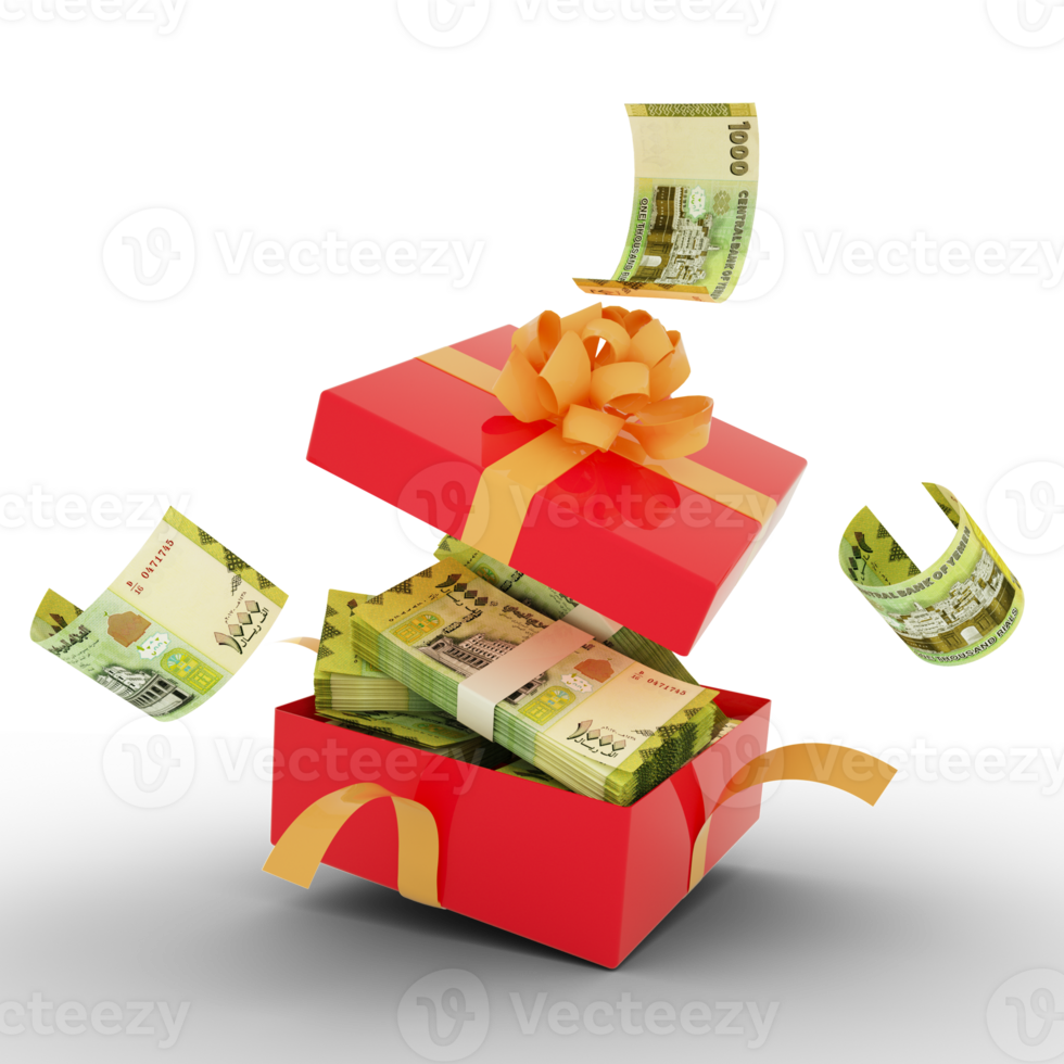 Yemeni Rial notes inside an open red gift box. Yemeni Rial inside and flying around a gift box. 3d rendering of money inside box isolated on transparent background png