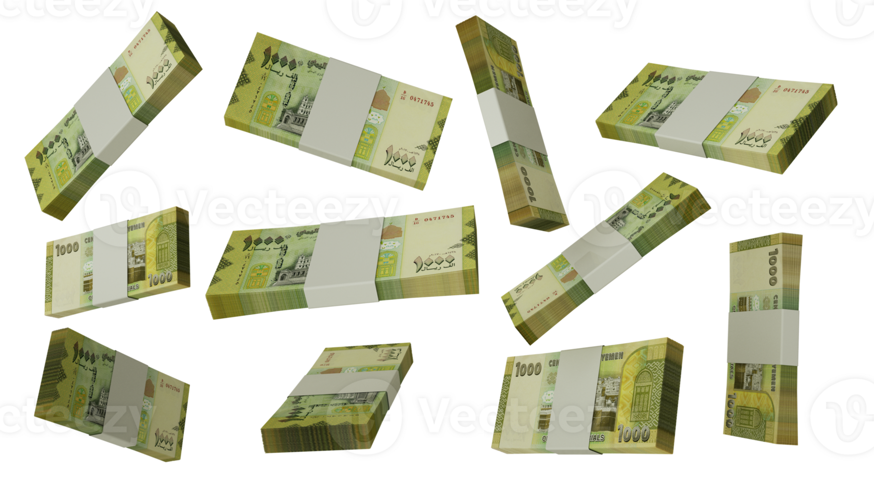 3D rendering of stacks of Yemeni Rial notes flying in different angles and orientations isolated on transparent background png