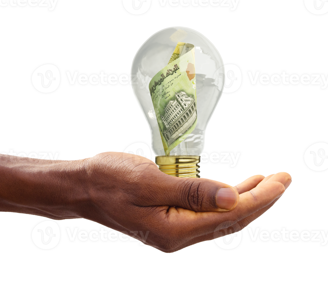 Black Hand holding 3d rendered Yemeni Rial note inside transparent light bulb, creative thinking. Making money by solving problem. Having idea concept png