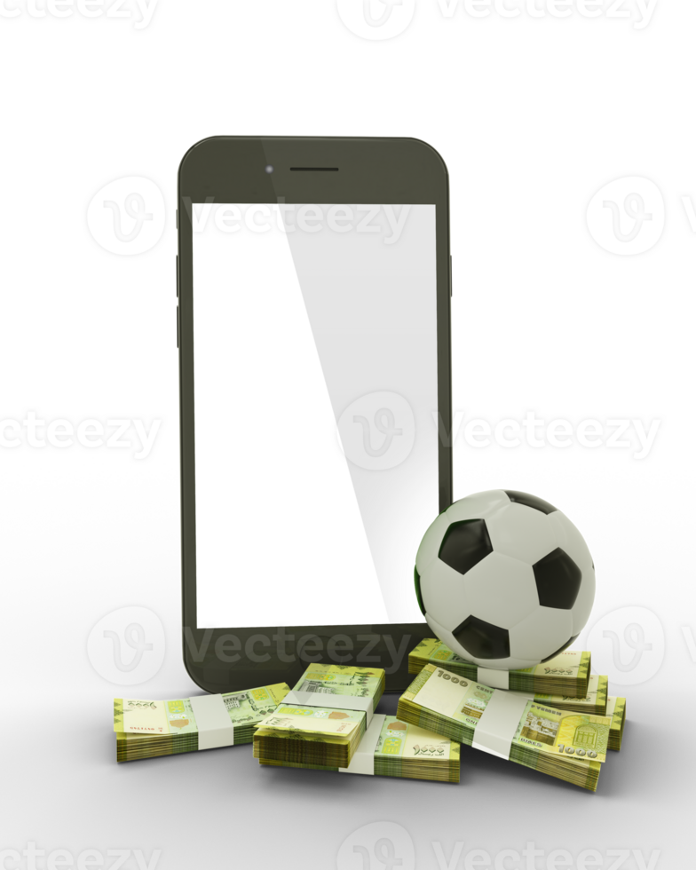 3D rendering of a mobile phone with soccer ball and stacks of Yemeni Rial notes isolated on transparent background. png