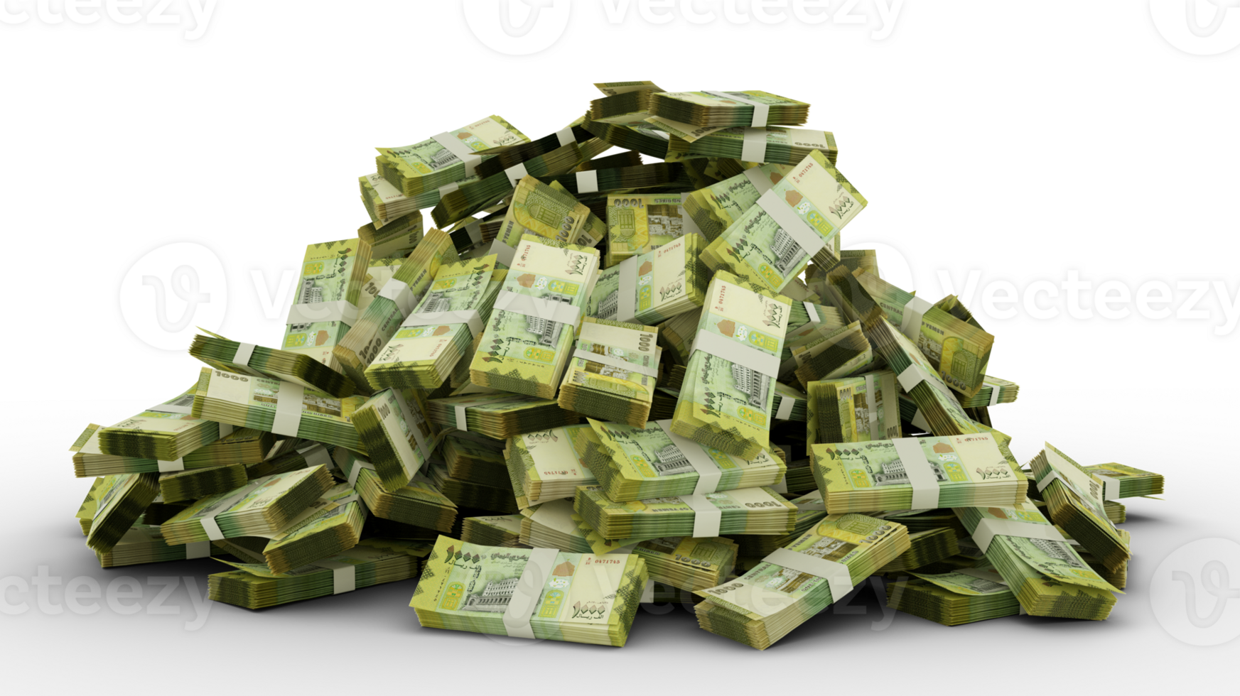 Big pile of Yemeni Rial notes a lot of money over transparent background. 3d rendering of bundles of cash png
