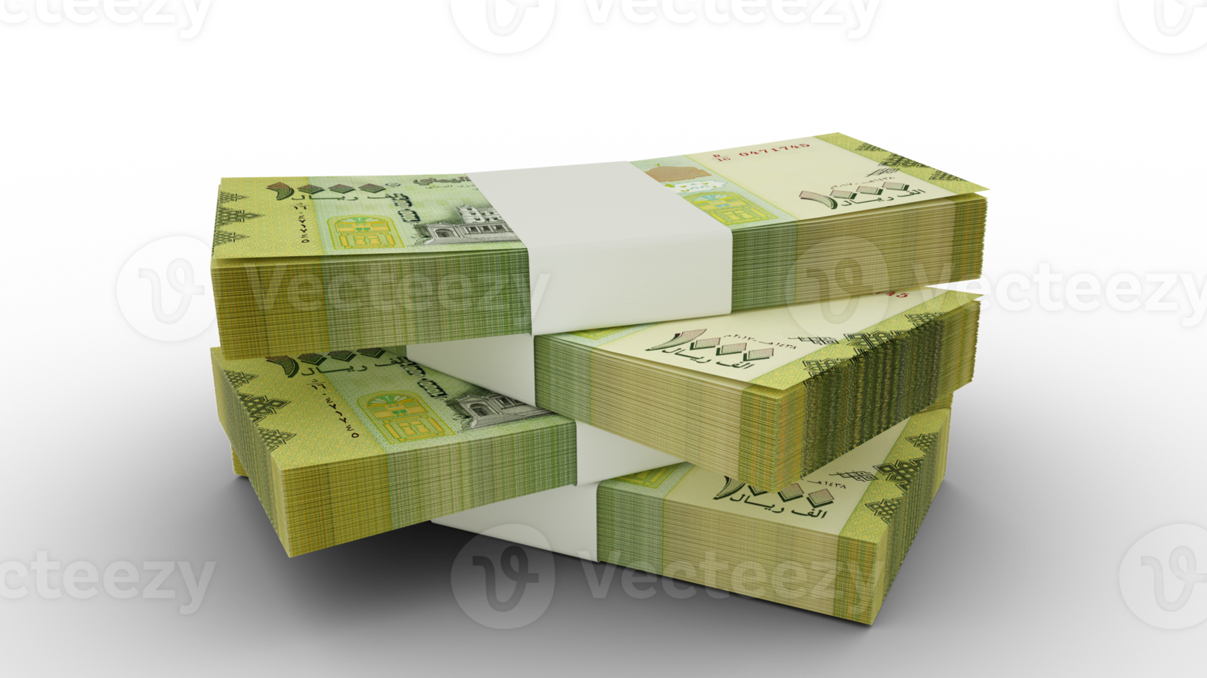 3d rendering of Stack of 1000 Yemeni Rial notes. Few bundles of Rial currency isolated on transparent background png